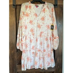 Vince Camuto White Pink Floral Tiered Mini Dress Sheer Long Sleeve Medium
